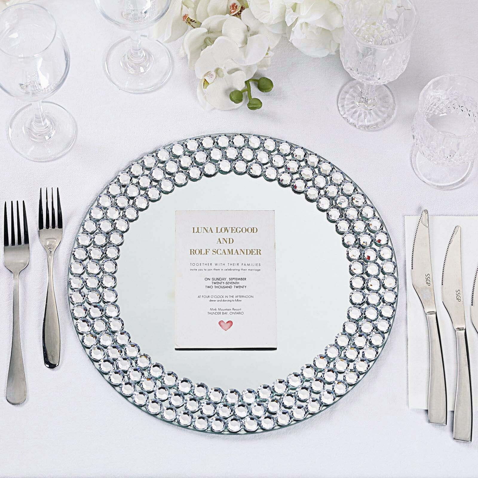 Efavormart Set of 2 | 13" Round Silver Mirror Glass Charger Plates with Diamond Beaded Rim For Catering Events, Wedding Party Restaurant Dinner Parties