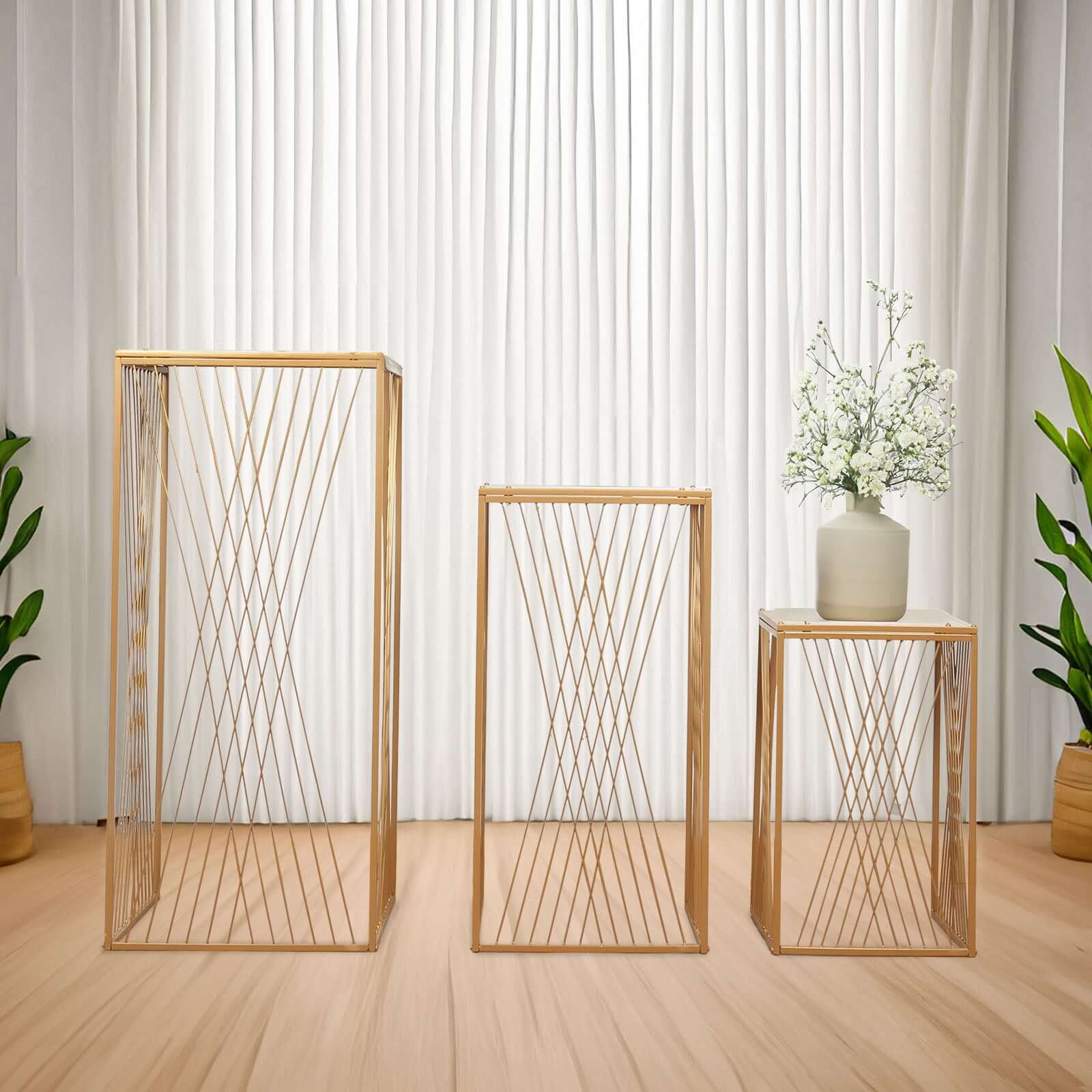 Efavormart Set of 3 Gold Metal Rectangular Pedestal Stands with ...