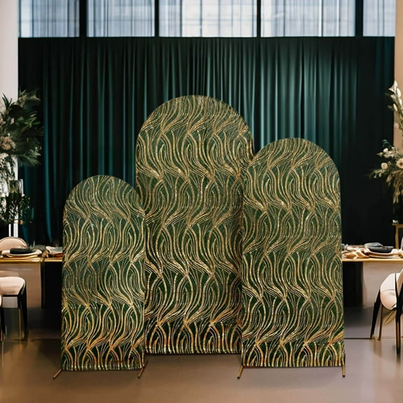 Efavormart Set of 3 Hunter Emerald Green Wave Mesh Chiara Backdrop Stand Covers With Gold Embroidered Sequins, Fitted Covers For Round Top Wedding Arches - 5ft,6ft,7ft