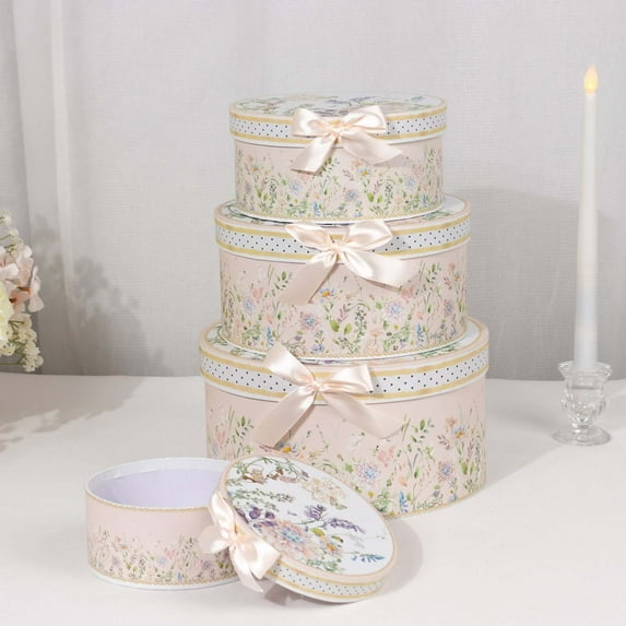 Efavormart Set of 4 Blush Floral Nesting Gift Boxes With Lids, Round Stackable Heavy Duty Cardstock Keepsake Boxes, Cupcake Dessert Display Stand - 5",7",8",9"