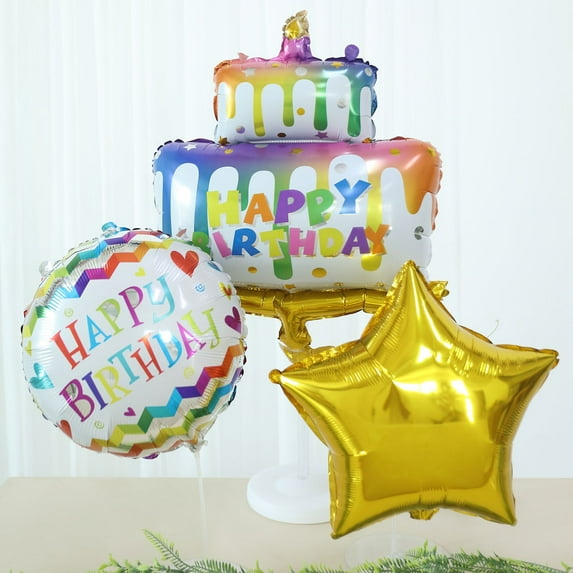 Efavormart Set Of 5 | Colorful Happy Birthday Cake Mylar Foil Balloon Set, Round And Gold Star Balloon Bouquet With Ribbon, Birthday Party Decorations