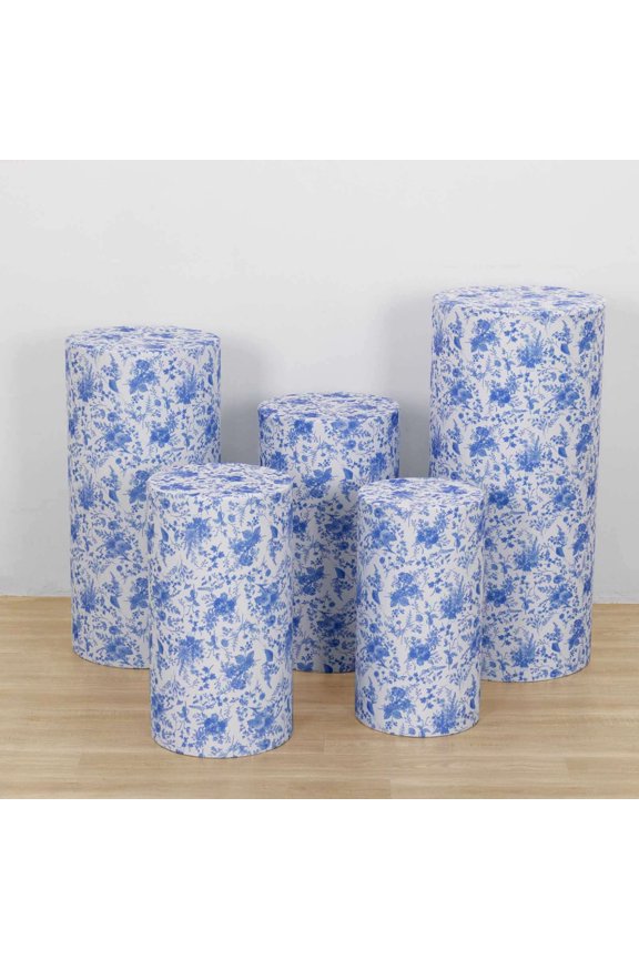 Set of 5 White Blue Spandex Cylinder Plinth Display Box Stand Covers With Chinoiserie Floral Print, Stretchable Pedestal Pillar Prop Covers - 160GSM