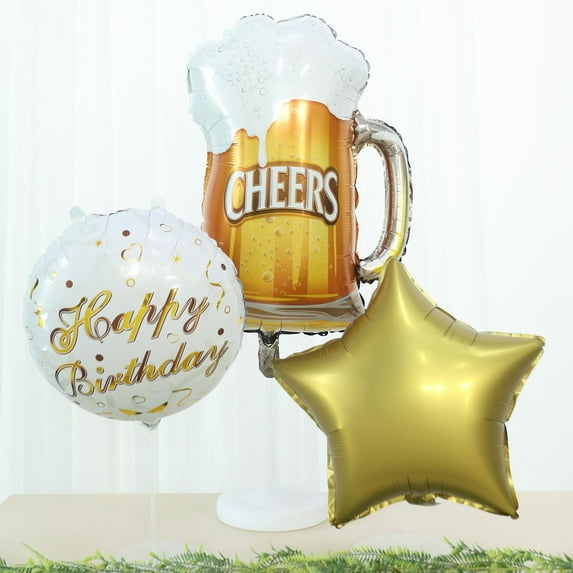 Efavormart Set Of 5 | White/Gold Round Happy Birthday Mylar Foil Helium Balloon Set, Cheers Beer Mug, Star Balloon Bouquet With Ribbon Birthday Party Decorations