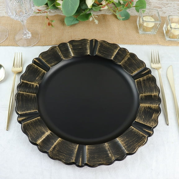 Efavormart Set of 6 - 13" Round - Black Plastic Charger Plates With Waved Scalloped Rim for Wedding, Outdoor Receptions, Banquets, Holiday Dinner plates Chargers