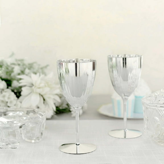 Efavormart Set of 6 - 8Oz - Silver Metallic Premium Disposable Wine Glasses, Stemmed Wine Goblets for Wedding, Outdoor Receptions, Banquets, Holiday Dining
