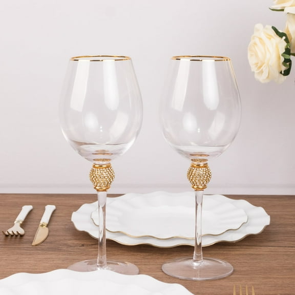 Efavormart Set of 6 Gold Rimmed Clear Wine Goblet Glasses with Rhinestones Studded Stem, 16oz Handblown Glassware Vintage Crystal Water Goblet Cocktail Glasses - 10"