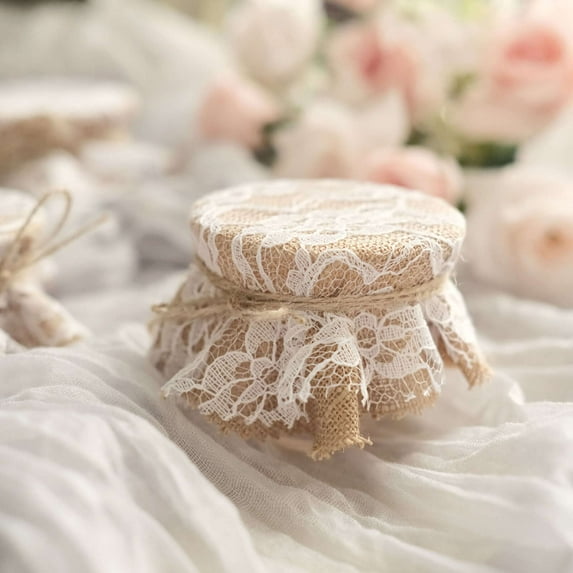 Efavormart Set Of 6 | Rustic DIY Burlap / White Lace Fabric Mason Jar Lid Covers With Jute String, 6" Scalloped Edge Natural Jute Linen Favor Jar Covers