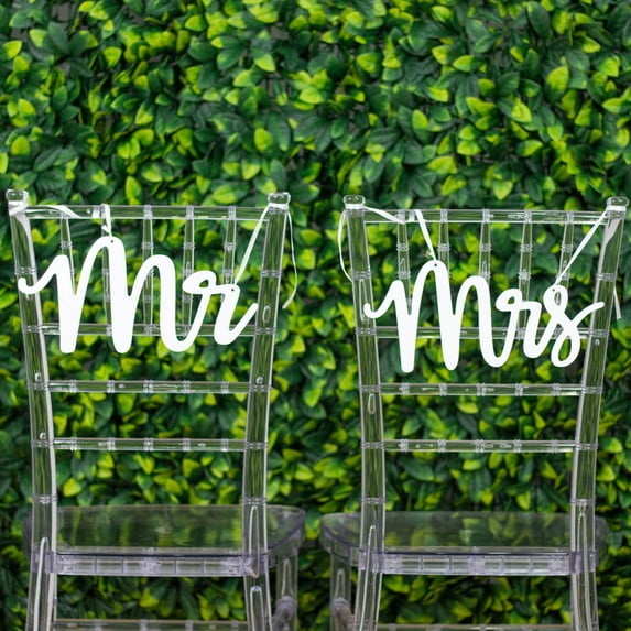 Efavormart Set Of 2 | White Wood Mr And Mrs Chair Signs, Wedding Photo Booth Props, Calligraphy Wall Hanging Decor - 12"X6"