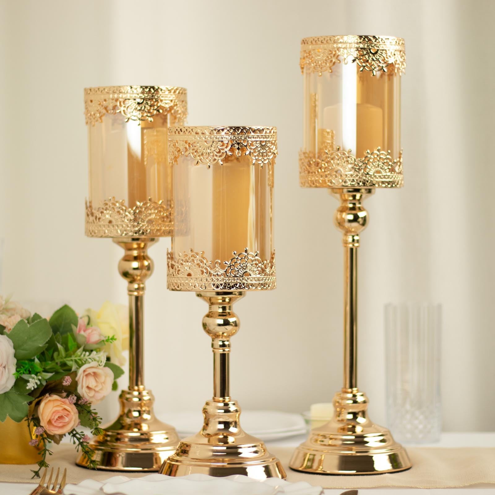 Efavormart Set Of 3 | Antique Gold Lace Design Votive Candle Stands