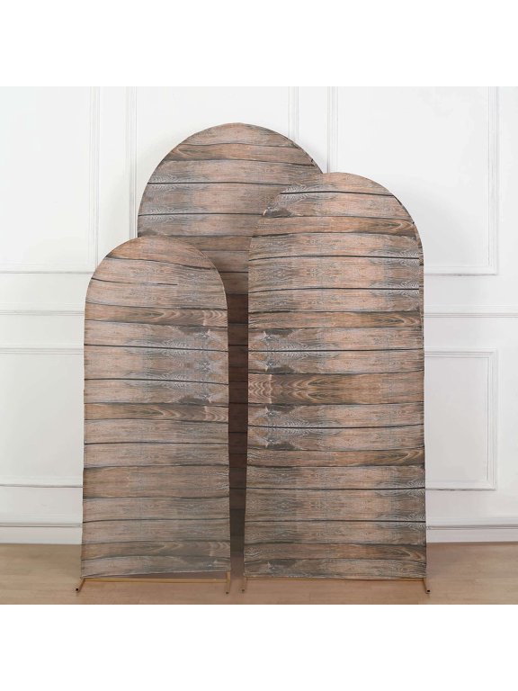 Set Of 3 | Brown Rustic Wood Plank Pattern Spandex Fitted Wedding Arch Covers For Round Top Chiara Backdrop Stands - 5ft, 6ft, 7ft