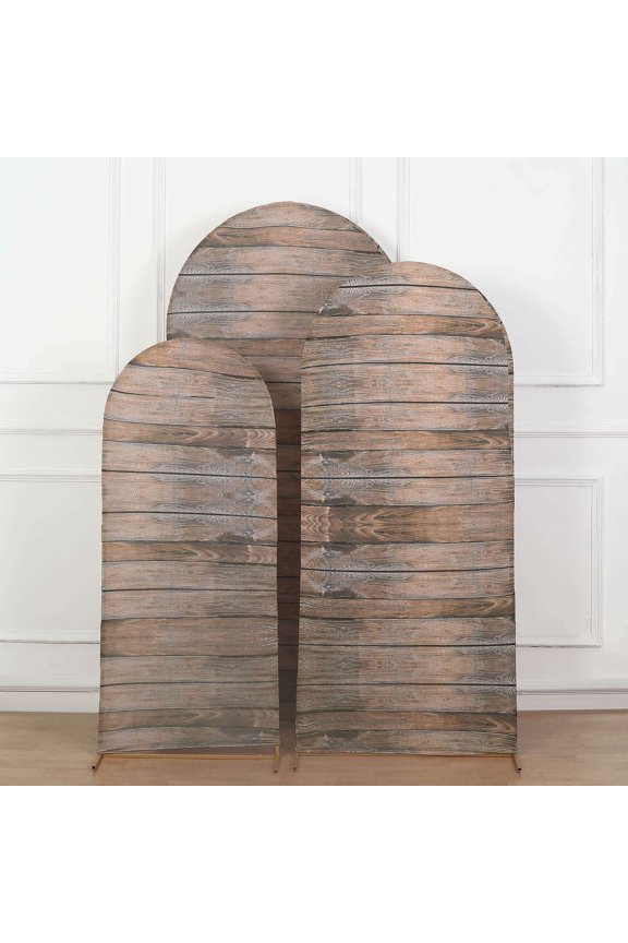 Set Of 3 | Brown Rustic Wood Plank Pattern Spandex Fitted Wedding Arch Covers For Round Top Chiara Backdrop Stands - 5ft, 6ft, 7ft