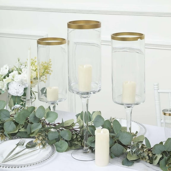 Efavormart Set Of 3 | Clear Gold Rimmed Long Stem Glass Hurricane Candle Holders, Cylindrical Pedestal Flower Vases - 16", 18", 20"