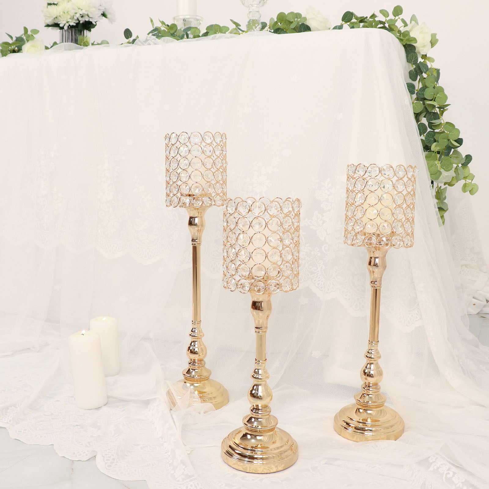 Efavormart Set Of 3 | Gold Crystal Beaded Goblet Votive Candle Holder