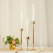 Efavormart Set Of 3 | Gold Metal Clear Glass Hurricane Taper Candlestick Holders, Tiered Candle Stands - 16", 20", 24"