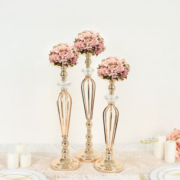 Efavormart Set Of 3 | Gold Metal Crystal Ball Flower Bowl Pedestal Stand Set, Pillar Candle Holder Stands - 20", 23", 25"