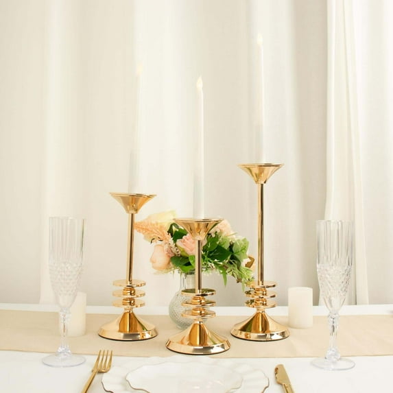 Efavormart Set Of 3 | Gold Metal Taper Candlestick Holders, 3 Disk Pedestal Design Candle Stands - 9", 11", 13"
