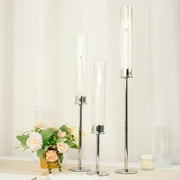 Efavormart Set Of 3 | Silver Metal Clear Glass Hurricane Taper Candlestick Holders, Tiered Candle Stands - 16", 20", 24"