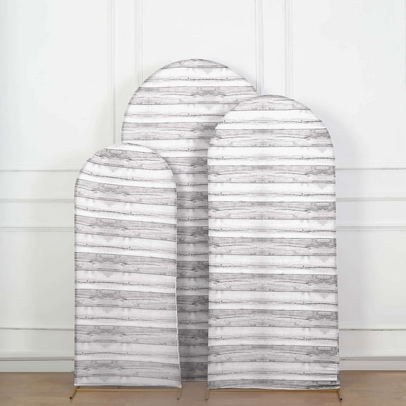 Efavormart Set Of 3 | White Rustic Wood Plank Pattern Spandex Fitted Wedding Arch Covers For Round Top Chiara Backdrop Stands - 5ft, 6ft, 7ft