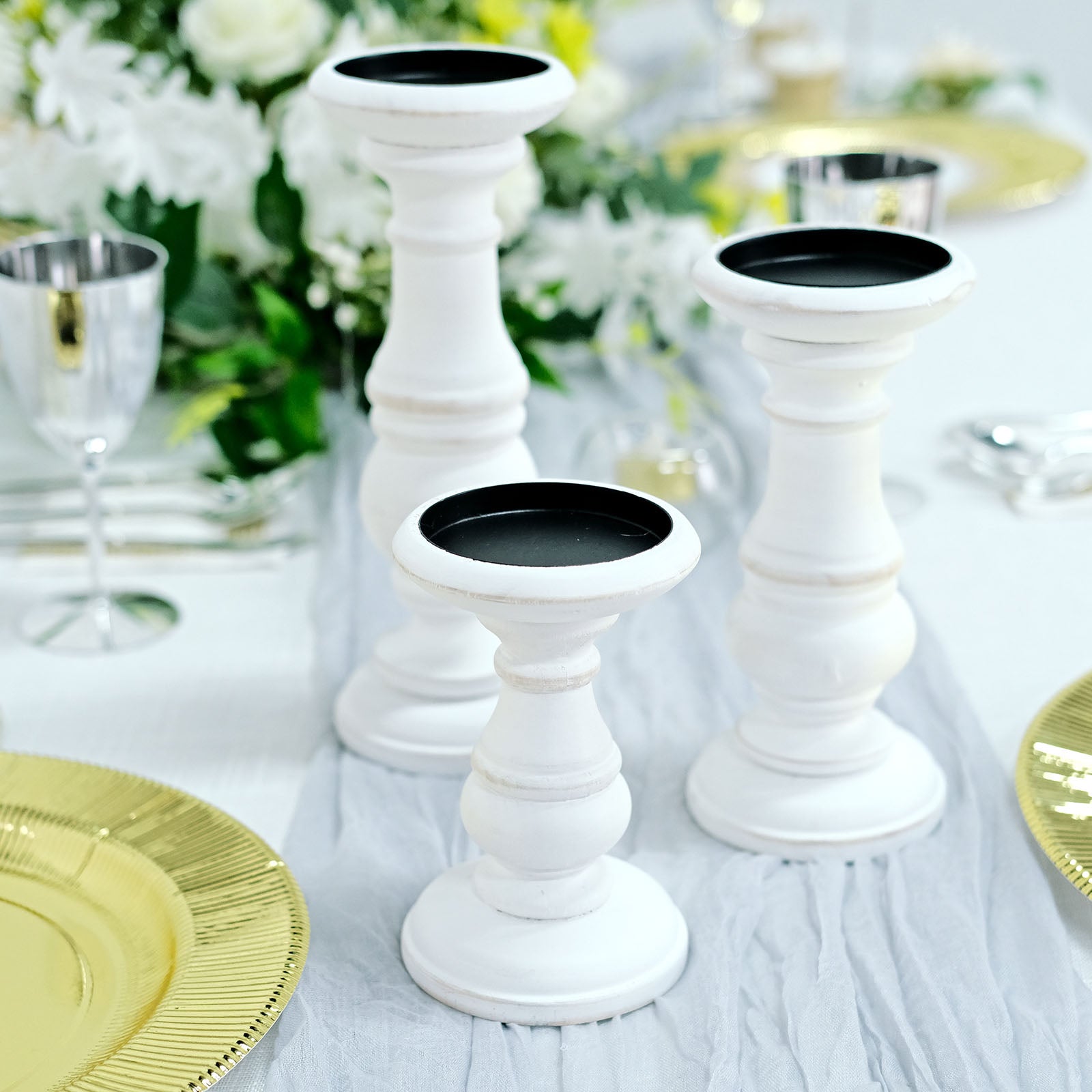 Efavormart Set Of 3 | White Wooden Pillar Candle Holders, Rustic Candle ...