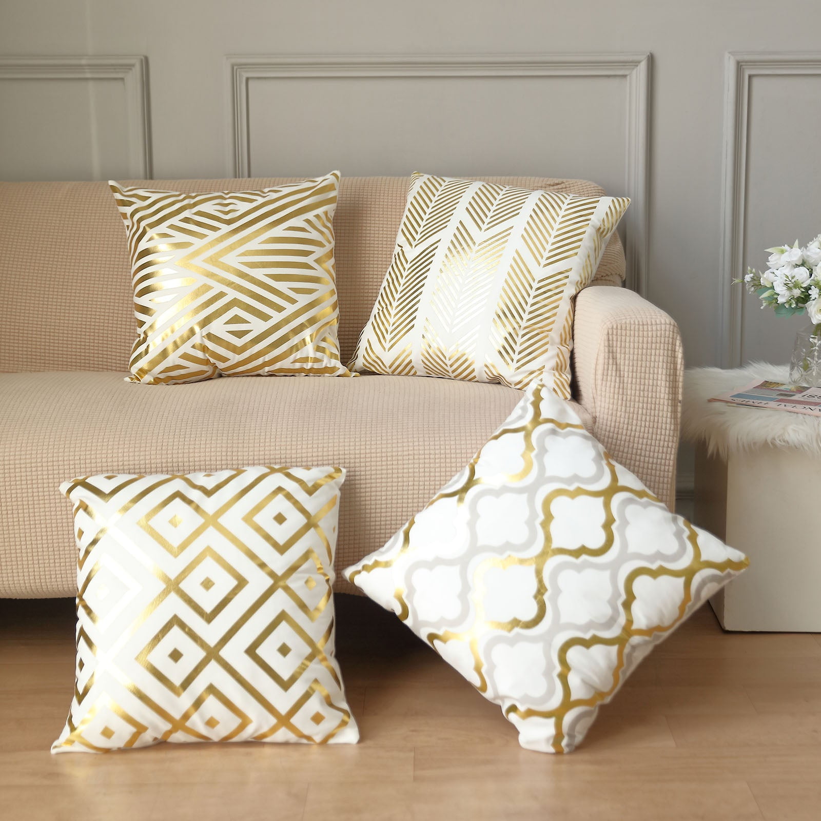 Efavormart Set Of 4 | 18 White/Gold Foil Geometric Print Throw Pillow  Covers, Velvet Square Sofa Cushion Covers
