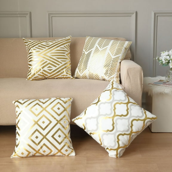 Efavormart Set Of 4 | 18" White/Gold Foil Geometric Print Throw Pillow Covers, Velvet Square Sofa Cushion Covers