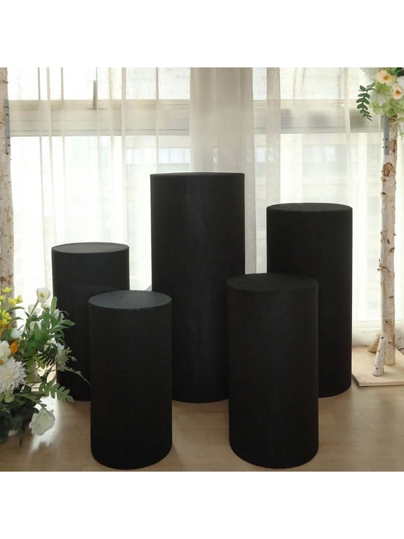 Set Of 5 | Black Spandex Cylinder Plinth Display Box Stand Covers, Stretchable Pedestal Pillar Prop Covers - 160 GSM