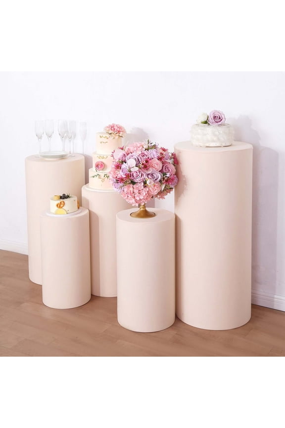 Set Of 5 | Blush Spandex Cylinder Plinth Display Box Stand Covers, Stretchable Pedestal Pillar Prop Covers - 160 GSM