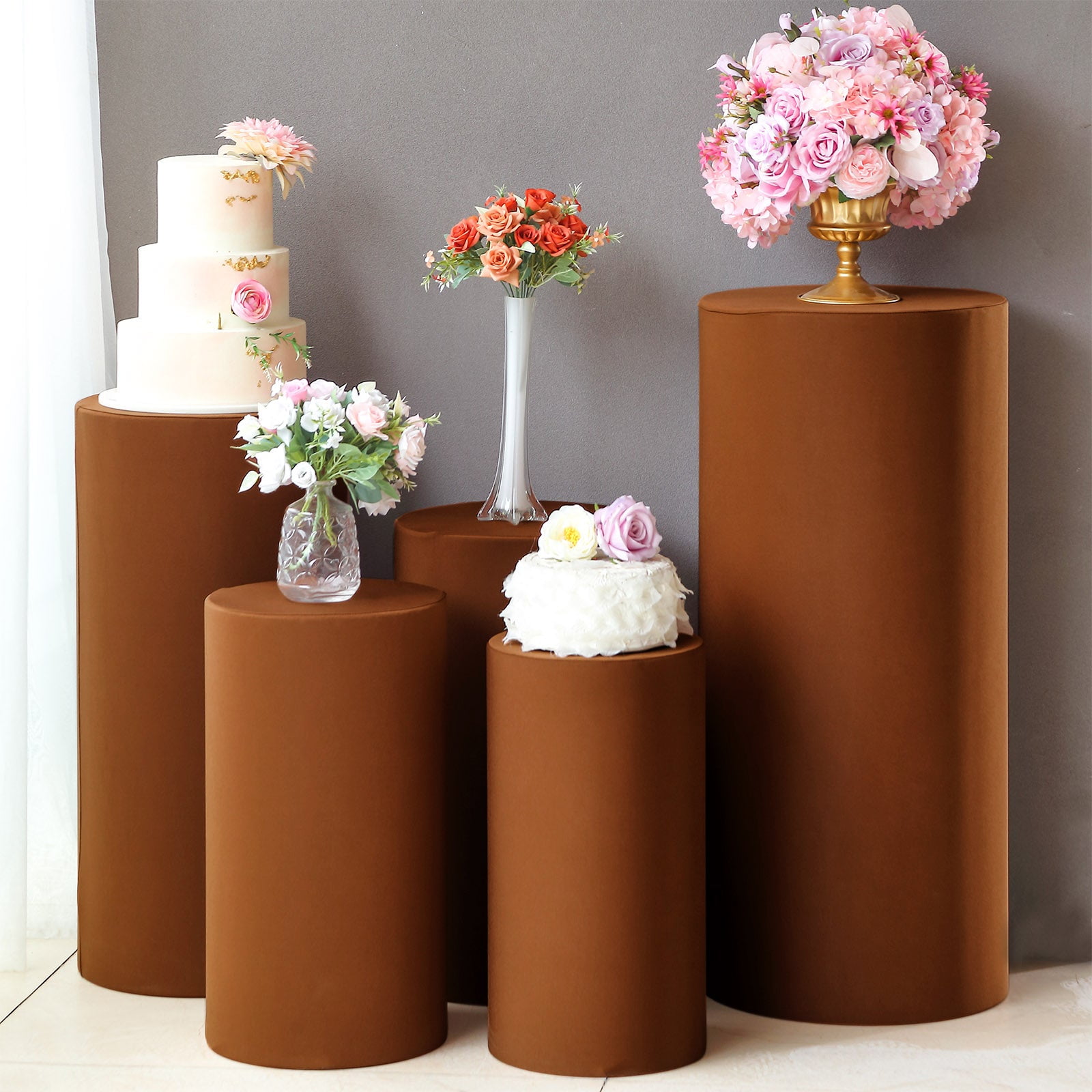 Efavormart Set Of 5 | Cinnamon Brown Spandex Cylinder Plinth Display ...