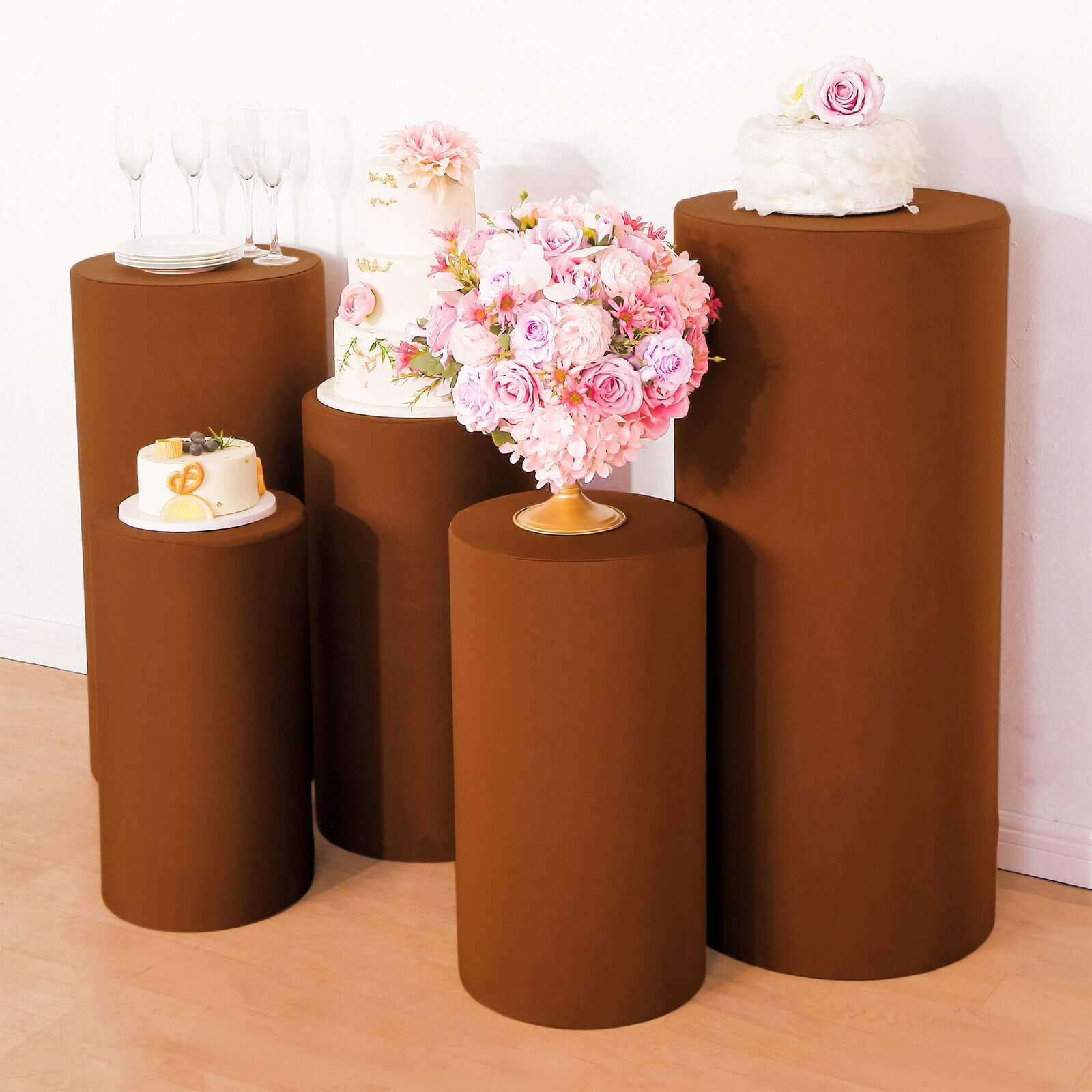 Efavormart Set Of 5 | Cinnamon Brown Spandex Cylinder Plinth Display ...