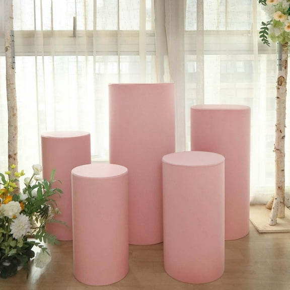 Efavormart Set Of 5 | Dusty Rose Spandex Cylinder Plinth Display Box Stand Covers, Stretchable Pedestal Pillar Prop Covers - 160 GSM