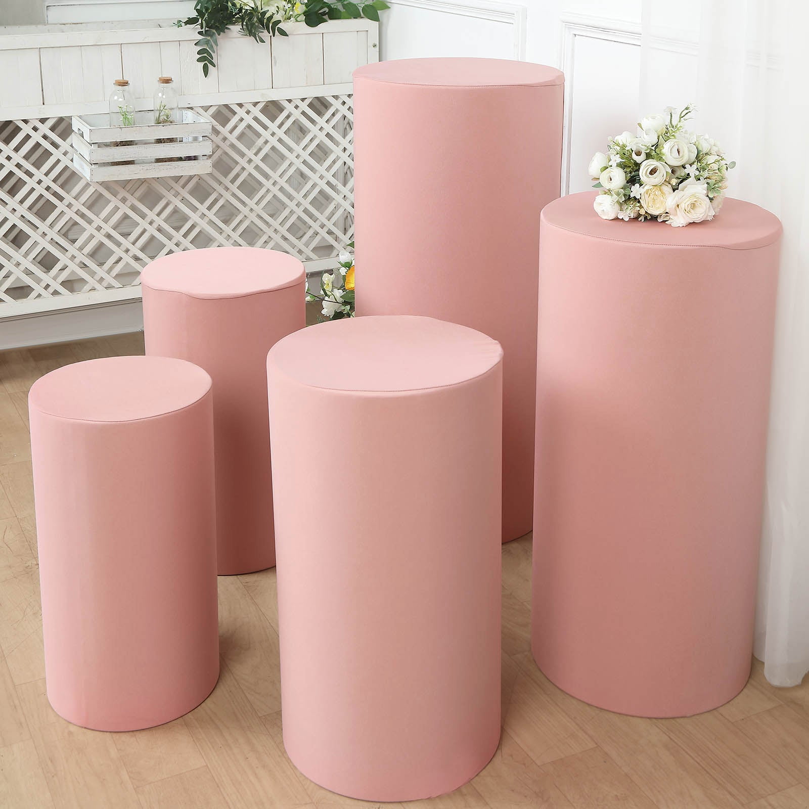 Efavormart Set Of 5 Dusty Rose Spandex Cylinder Plinth Display Box