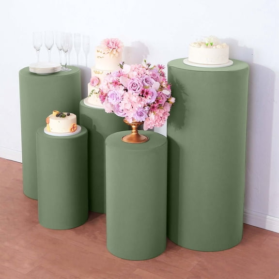 Efavormart Set Of 5 | Eucalyptus Sage Green Spandex Cylinder Plinth Display Box Stand Covers, Stretchable Pedestal Pillar Prop Covers - 160 GSM