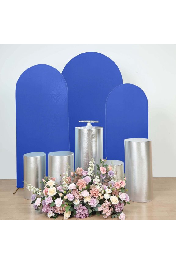 Set Of 5 | Metallic Silver Spandex Cylinder Display Box Stand Covers, Shiny Stretchable Pedestal Pillar Prop Covers - 130 GSM