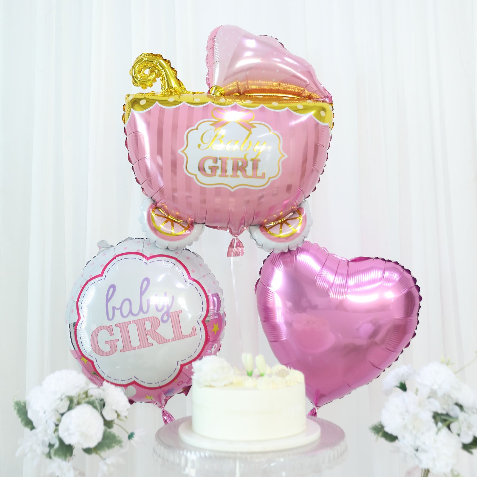 Efavormart Set Of 5 | Pink/White Girl Baby Shower Mylar Foil Balloon Set, Heart, Round And Baby Carriage Balloon Bouquet With Ribbon, Gender Reveal Party Decorations