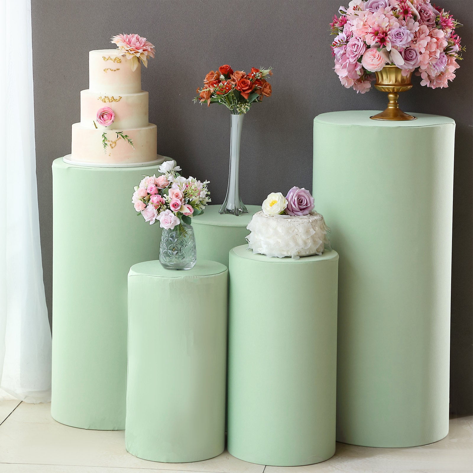 Efavormart Set Of 5 | Sage Green Spandex Cylinder Plinth Display Box ...