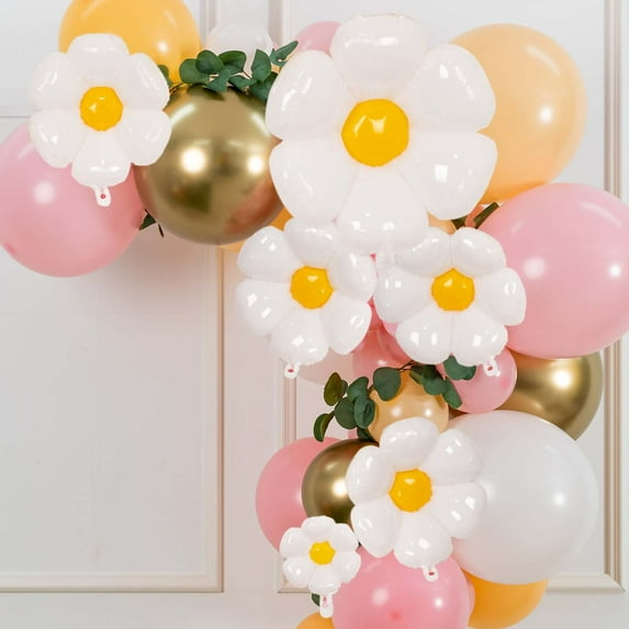 Efavormart Set of 10 | White Daisy Flower-Shaped Mylar Foil Party Balloons, Assorted Floral Balloon Decorations with Balloon Dots - 10", 19", 27"