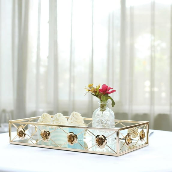Efavormart Set of 2 Gold Metal Decorative Serving Trays Floral Bordered Rectangle Mirror Trays - 19"x12" / 15"x8"