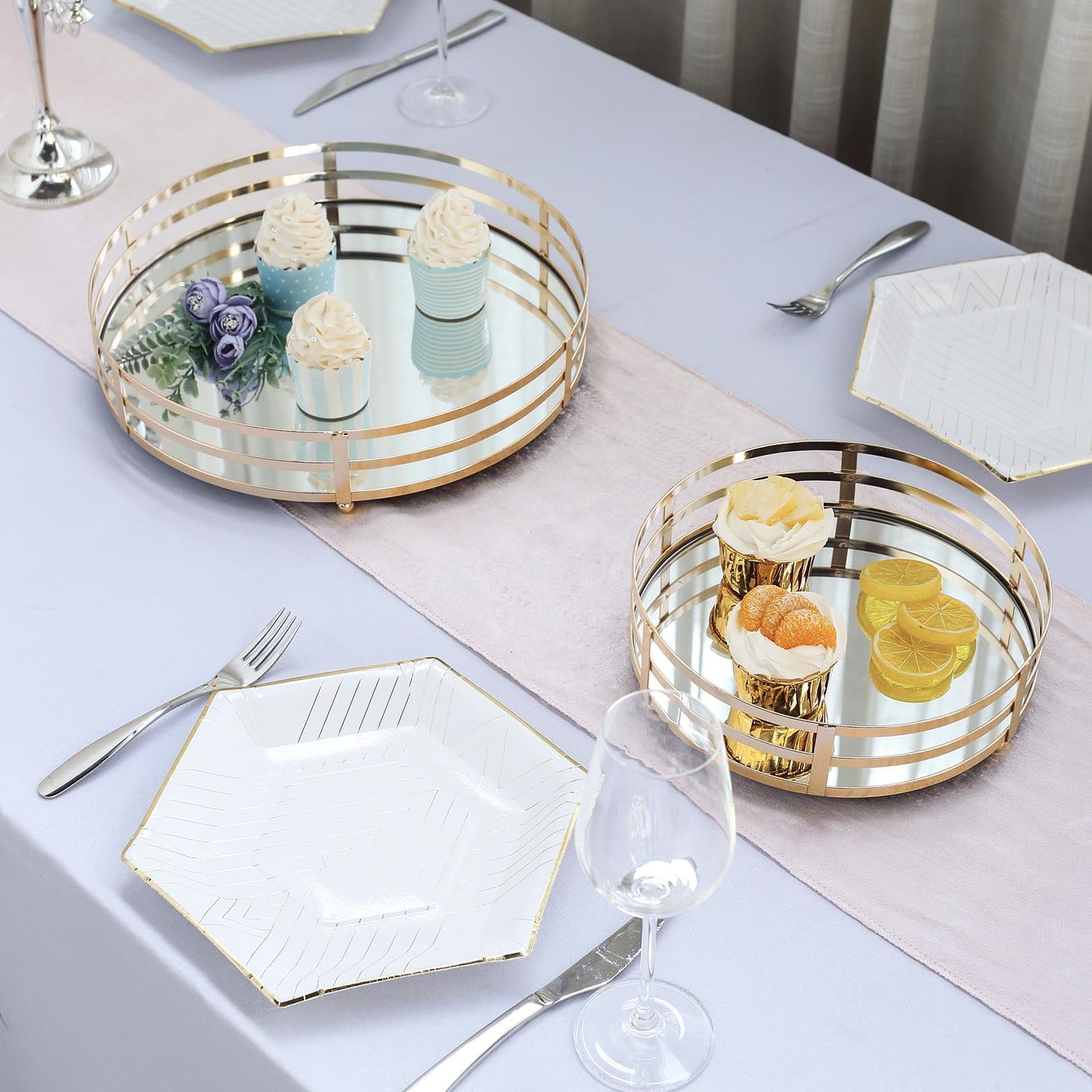 Efavormart Set of 2 Gold Metal Decorative Serving Trays Round Mirror Trays 13.5" / 9.5