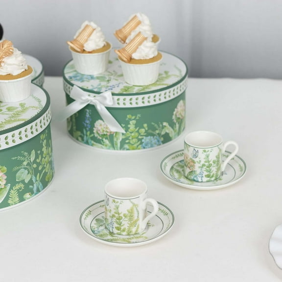 Efavormart Set of 2 Greenery Theme Porcelain Espresso Cups and Saucers with Matching Keepsake Gift Box, Bridal Shower Gift Set