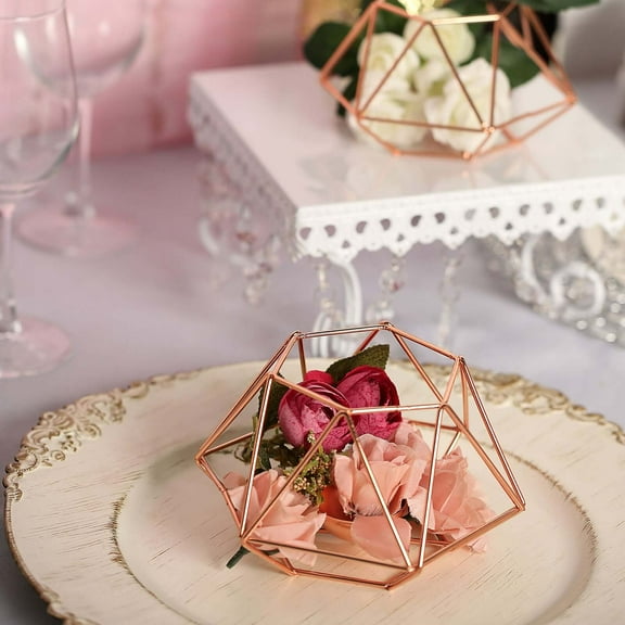 Efavormart Set of 2 Rose Gold Metal Hexagon Top Geometrical Tealight Candle Holders Flower Vase - 4"|3"