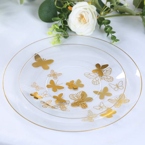 Efavormart Set of 20 Clear Gold Butterfly Round Plastic Plates, Disposable Dinner and Salad Plates with Gold Rim - 10",7"