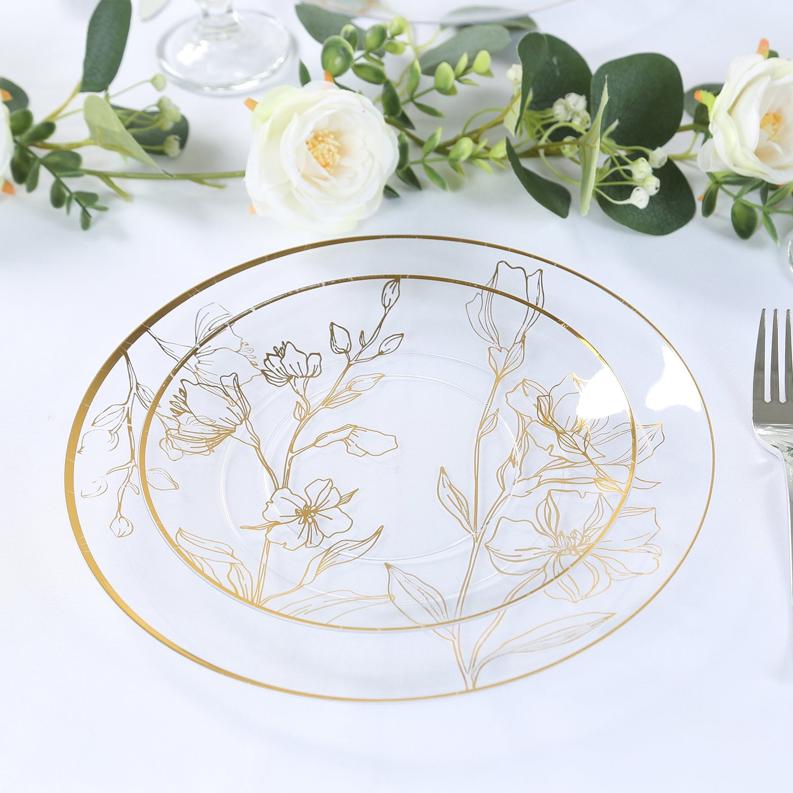 Clear Plastic Round Plates with Metallic Gold Floral Design, 10"