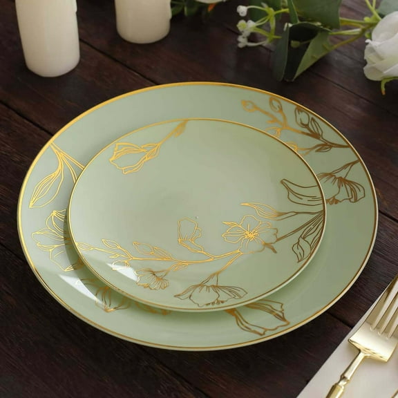 Efavormart Set of 20 Sage Green Plastic Party Plates With Metallic Gold Floral Design, Disposable Round Dinner and Dessert Plates - 10" / 7"