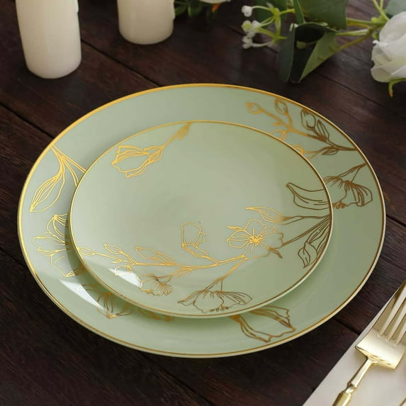 Efavormart Set of 20 Sage Green Plastic Party Plates With Metallic Gold Floral Design, Disposable Round Dinner and Dessert Plates - 10" / 7"