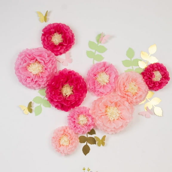 Efavormart Set of 21 Tissue Paper Pom Poms Decor Kit – Blush Peach 3D Chrysanth Floral Wall Decor with Butterflies & Olive Leaves - 8",10",12"