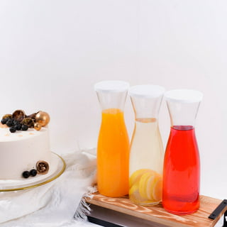Estilo Glass Beverage Pitcher Carafe With Plastic Lids, Narrow Neck Design,  1 liter (33oz) Set of 2