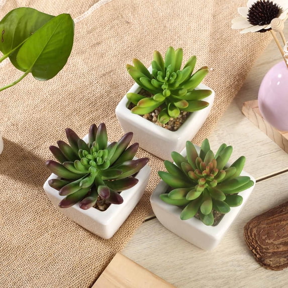 Efavormart Set of 3 | 4'' Assorted Lotus Artificial Faux Succulent Mini Green Plants in Ceramic Pot