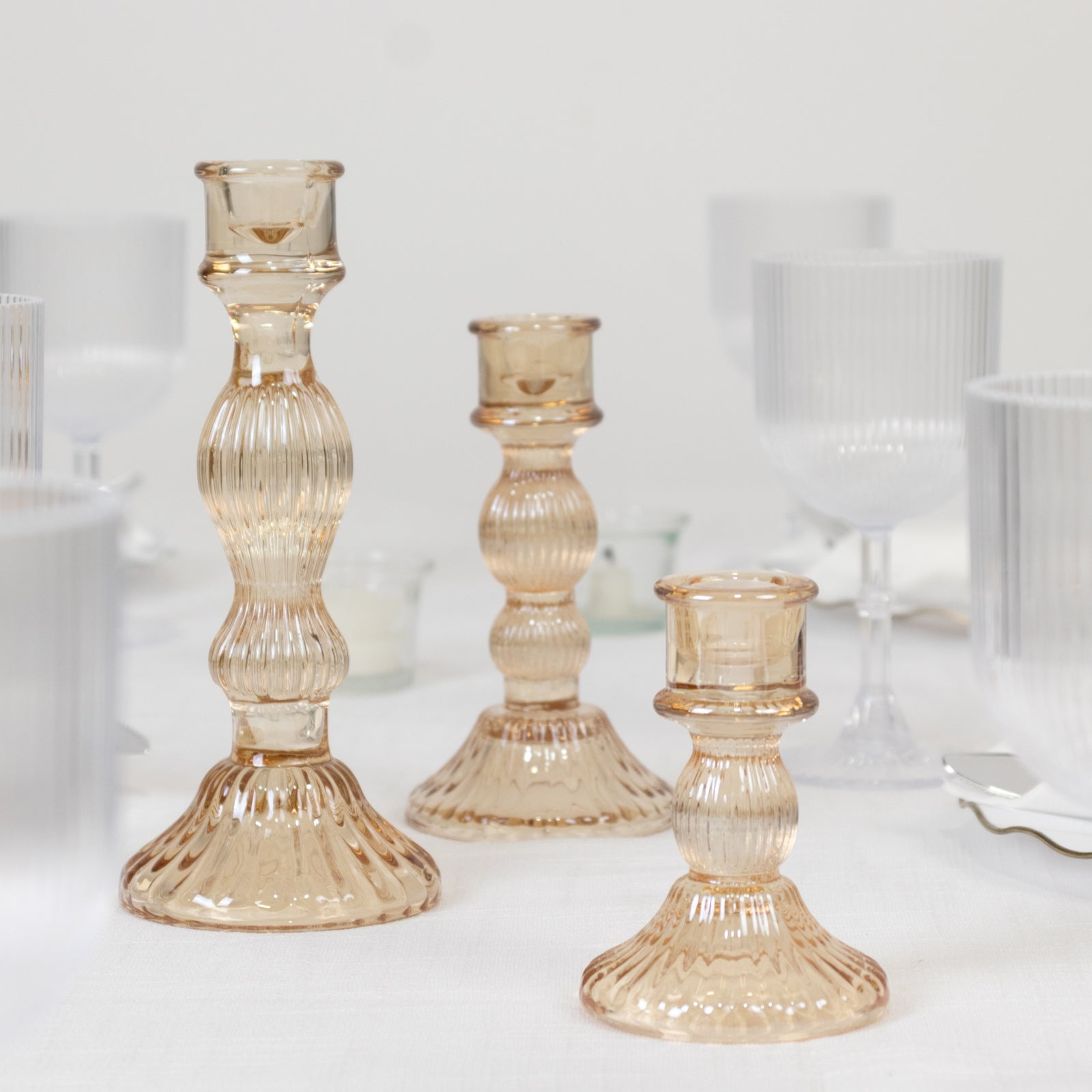 Efavormart Set of 3 Amber Gold Fluted Glass Taper Candle Holders ...