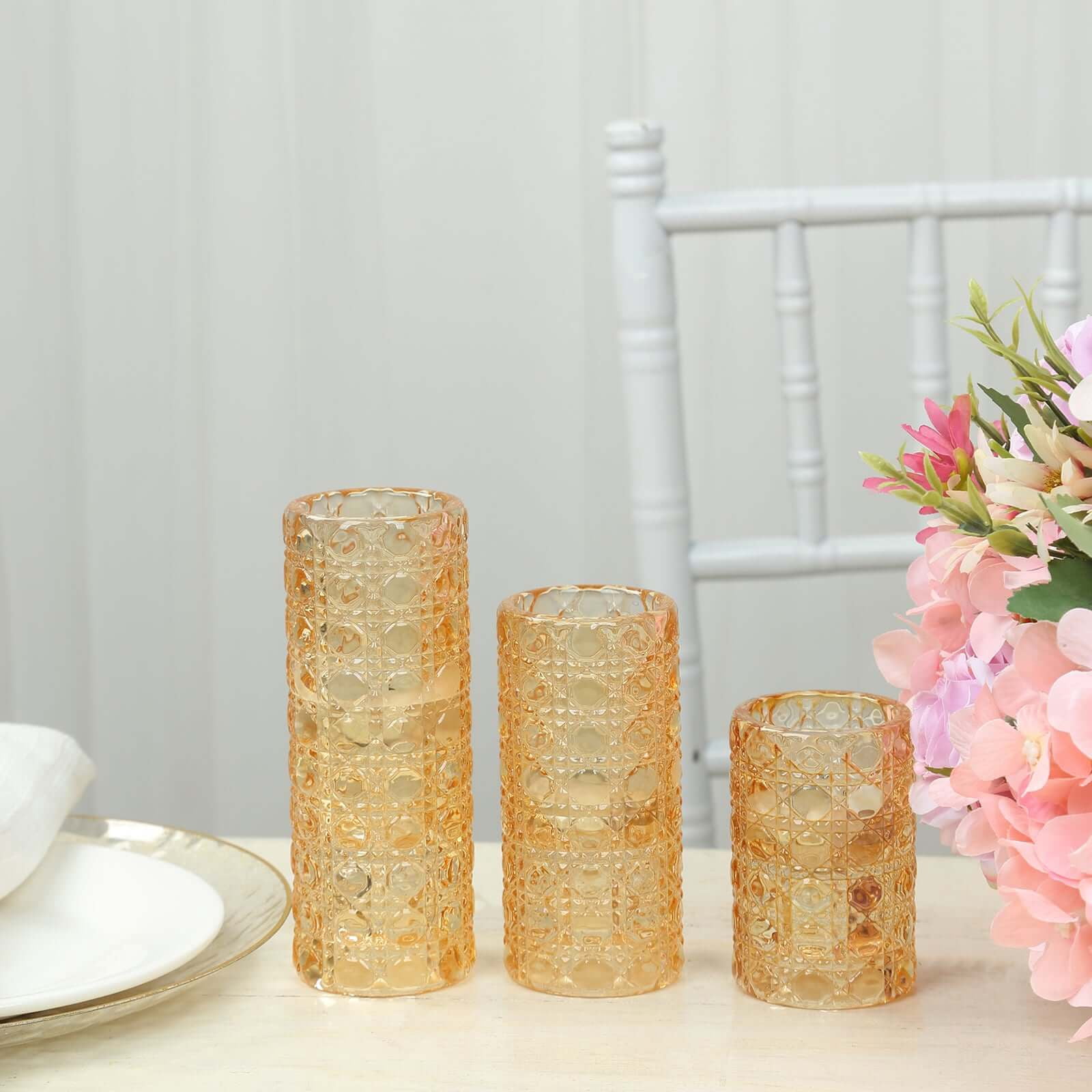 Efavormart Set of 3 Amber Gold Glass Taper Candle Holders with Gemstone ...