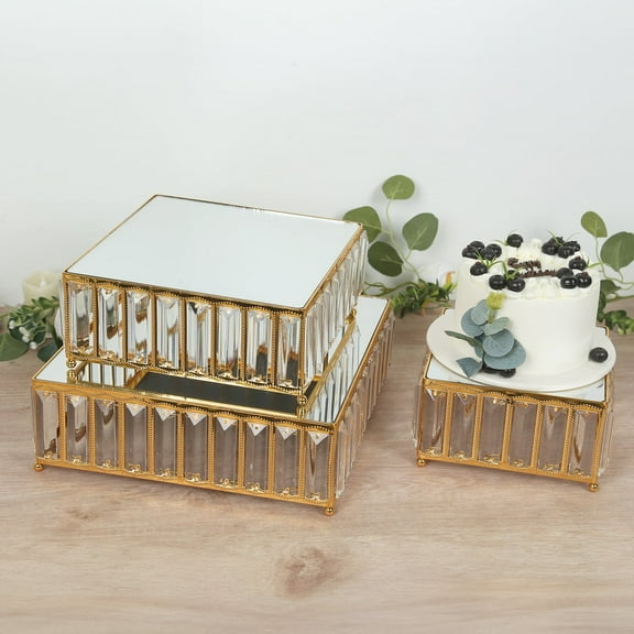 Efavormart Set of 3 Crystal Pendant Gold Metal Cake Stands, Stackable Square Dessert Display Trays with Mirror Top - 7",10",12"